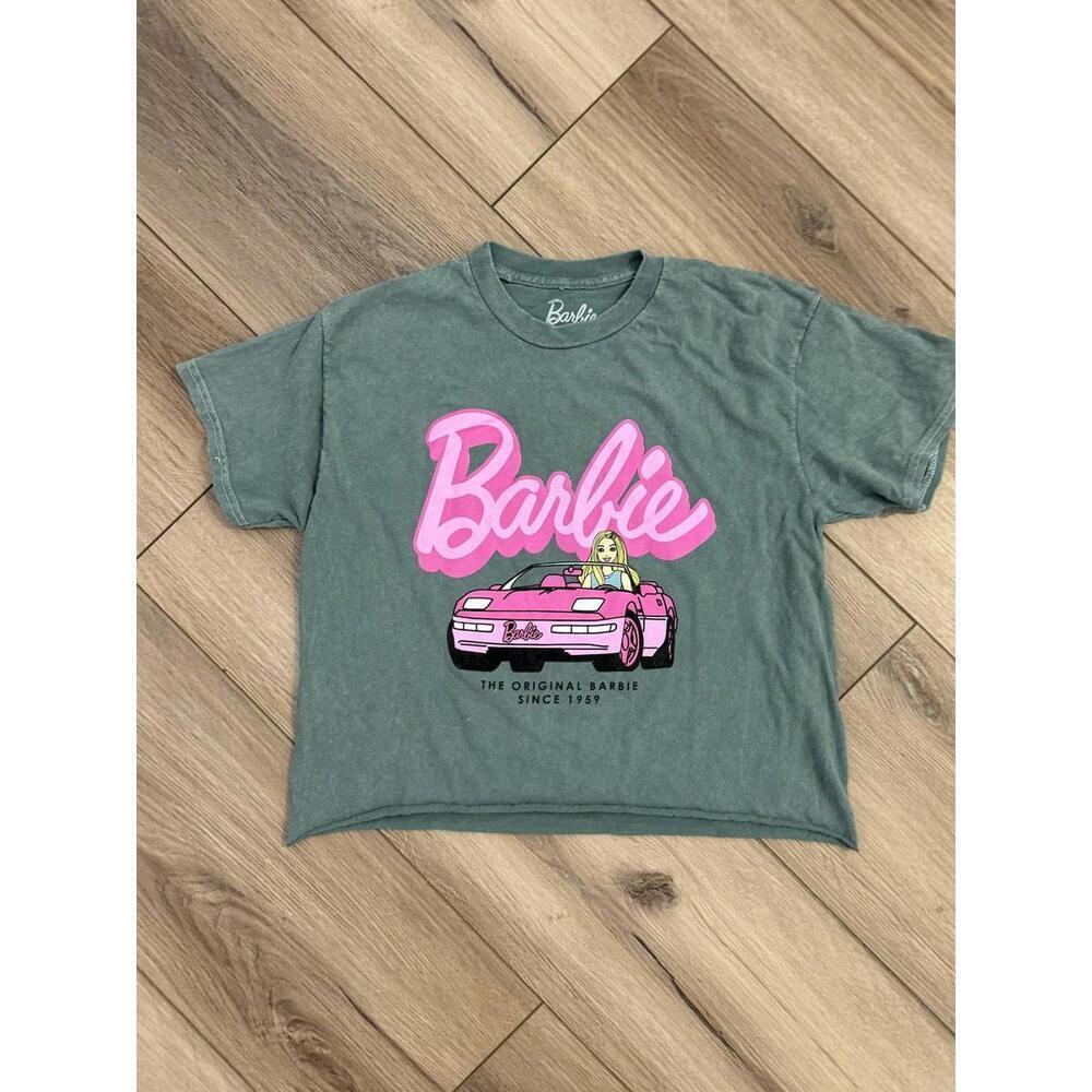Barbie Shirt Womens Medium Green Crop Top Original Barbie Car Graphic Tee